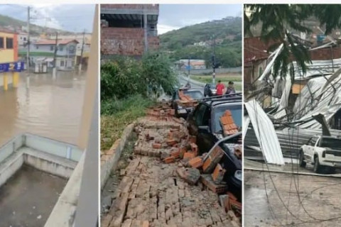 Chuva forte e ventania provocam alagamentos e danos em Jacobina neste sábado